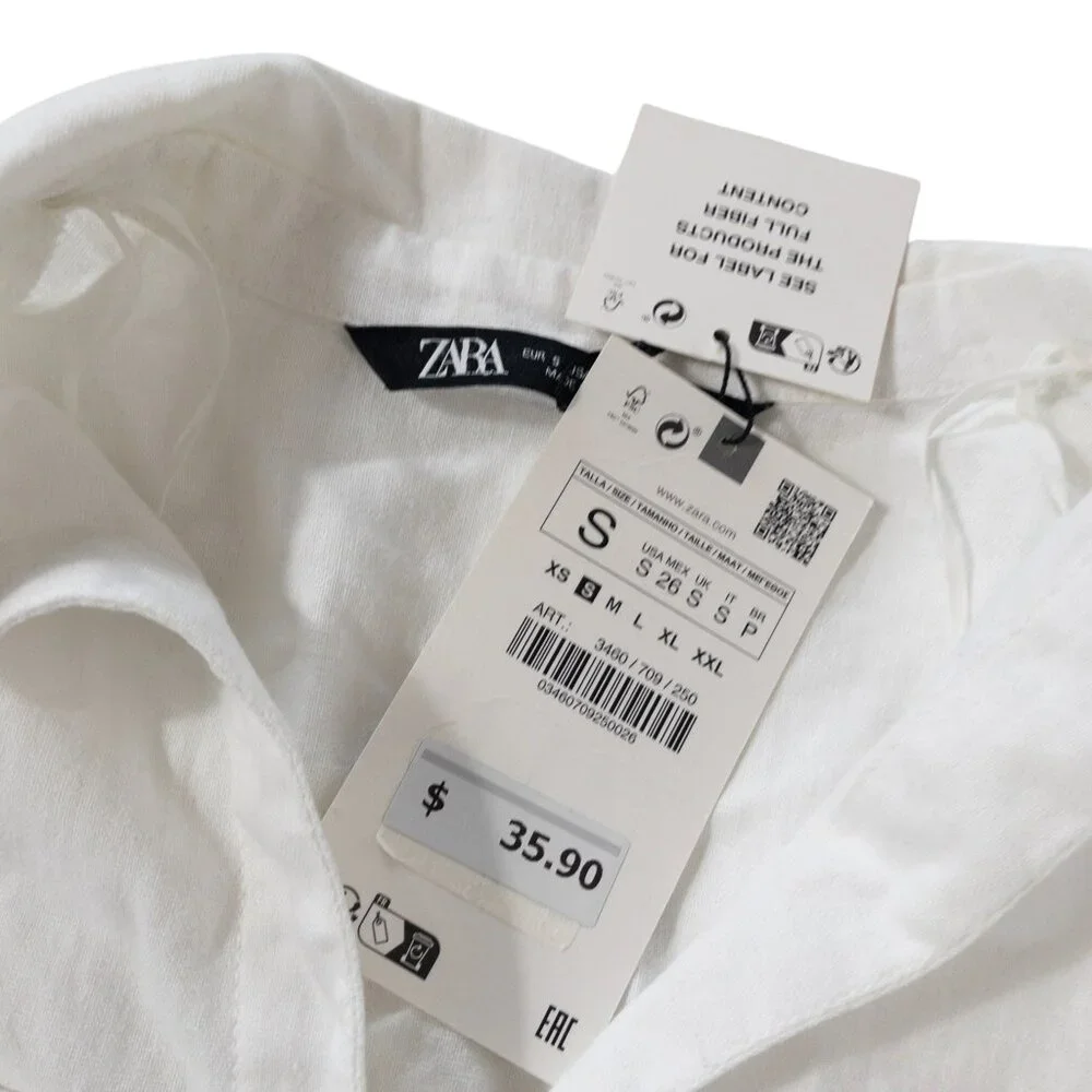 Zara White Button Down Short Sleeve Top SZ S Gold Buttons Front Pockets - Picture 9 of 11